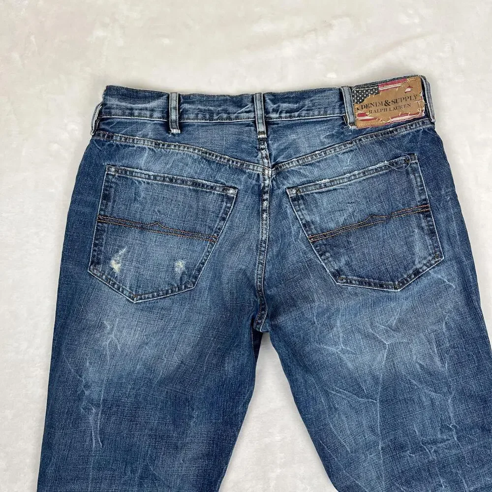 Denim & Supply Ralph Lauren Slouch Jeans Mens 38x32 Blue Distressed Straight